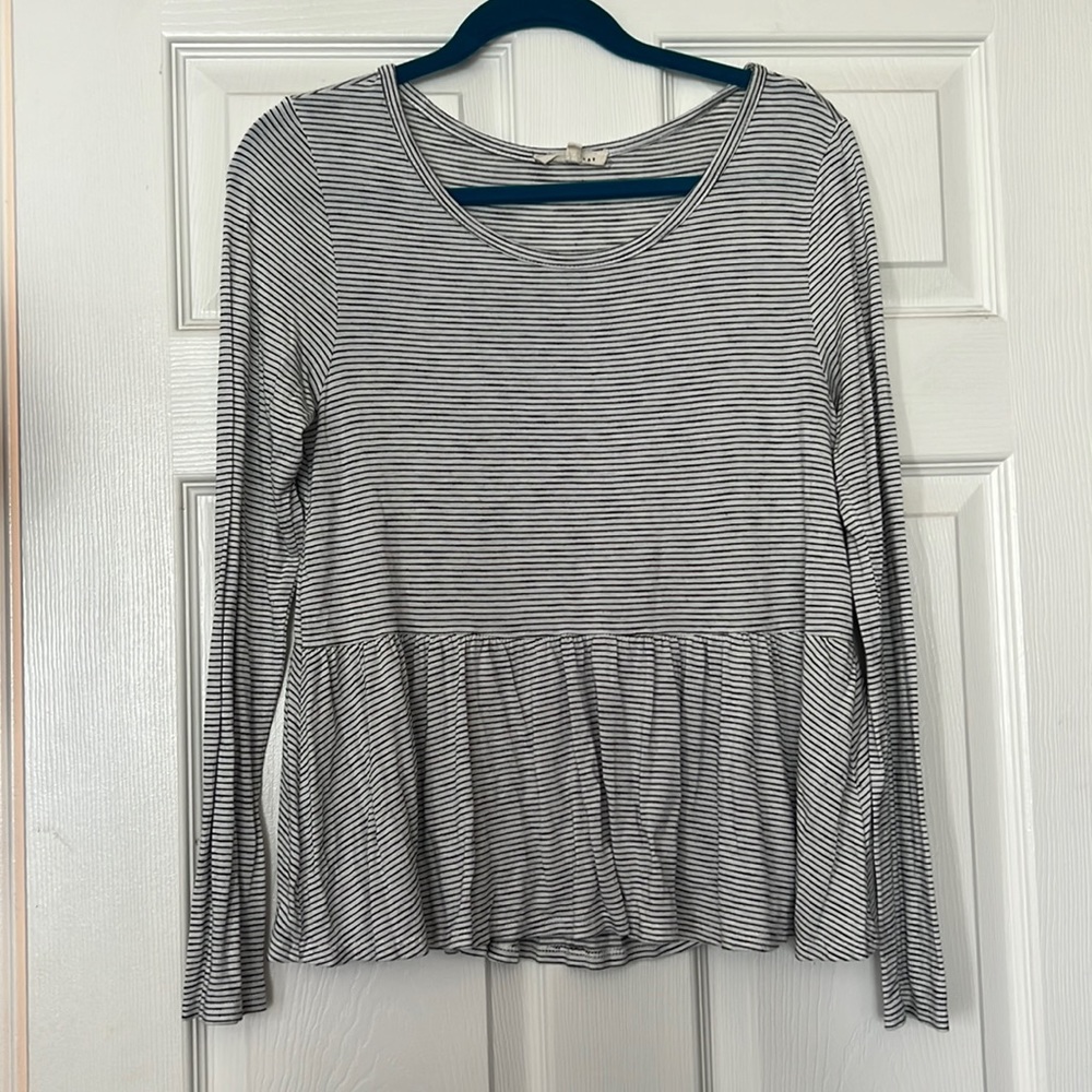 Black and white pinstripe peplum, long sleeve shirt